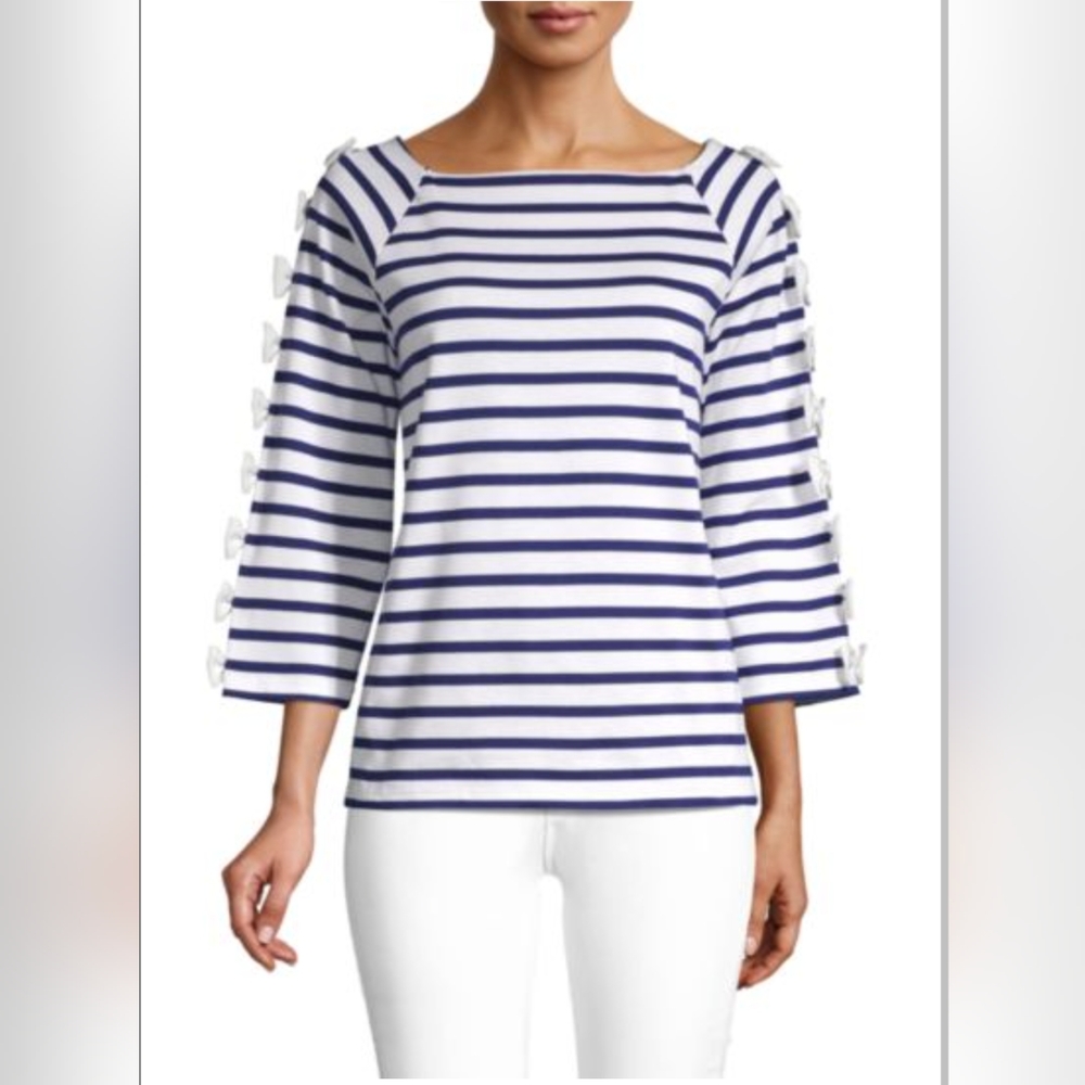 Tu es mon Trésor sz 40 -M- (Japan) Blouse Stripes Bow Detail Trim 3/4 Sleeve